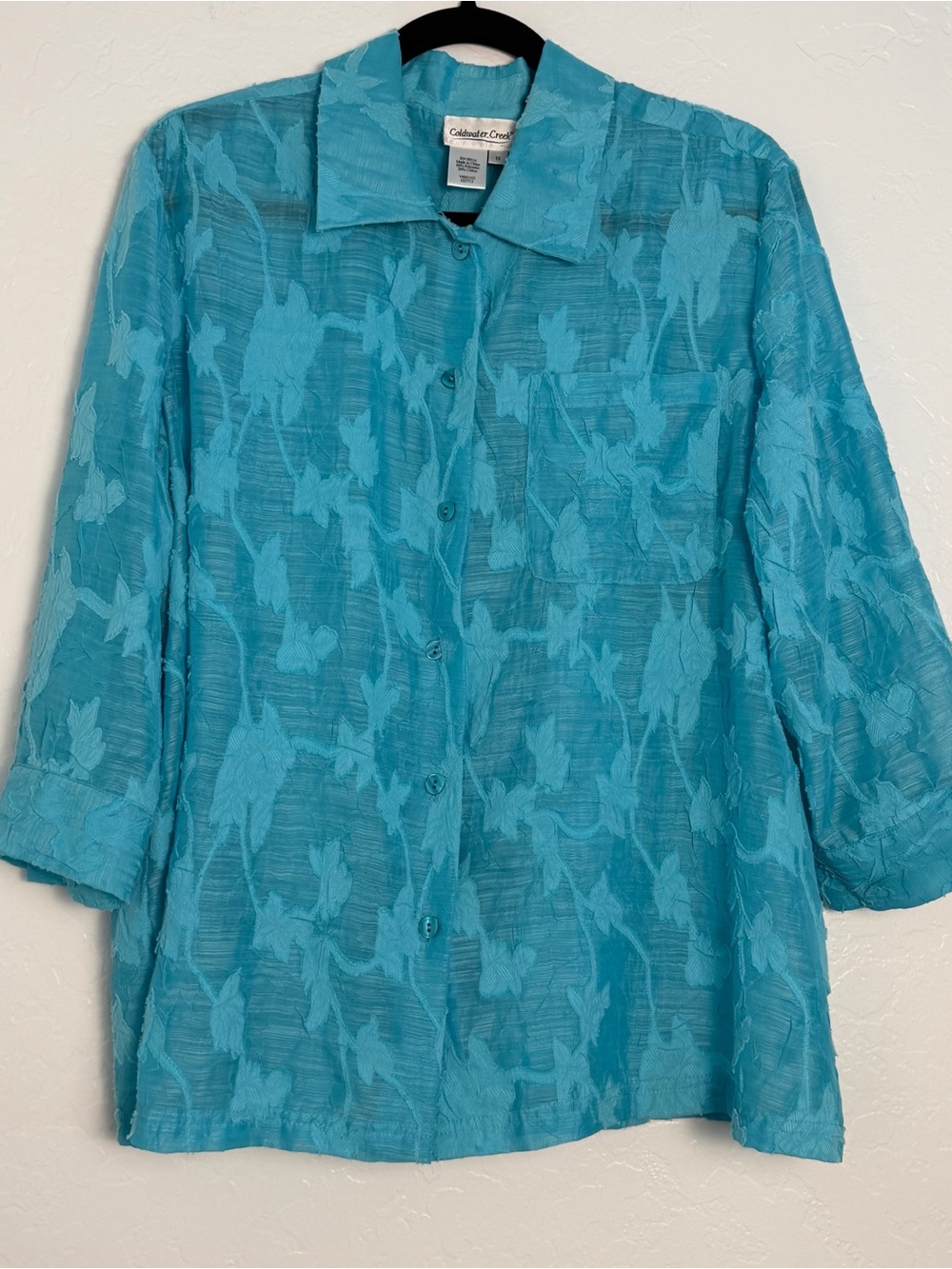 Coldwater Creek Women's 1X Blouse Teal 3/4 Sleeve Semi Sheer Lightweight